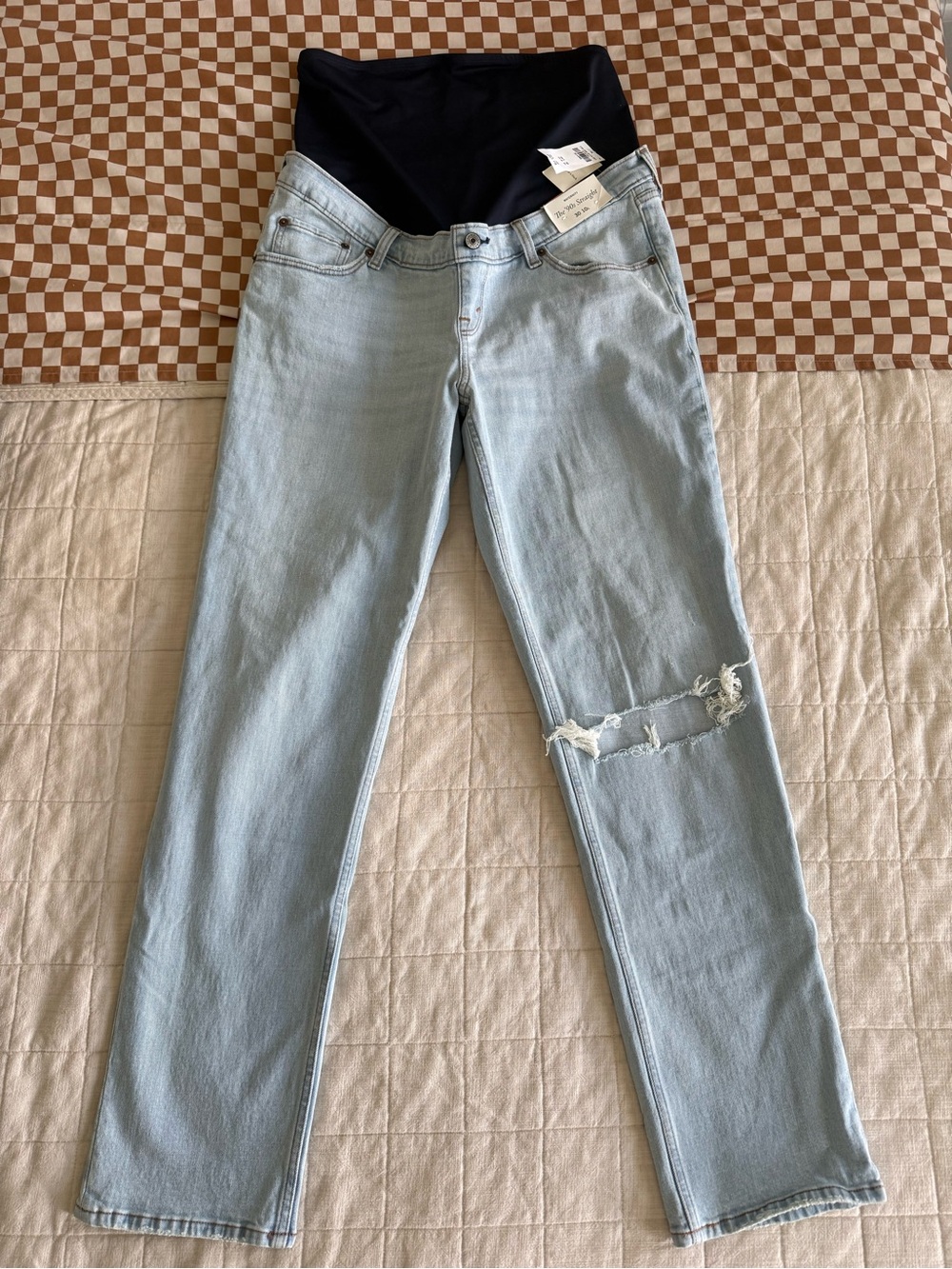 Abercrombie & Fitch Light Blue Straight-Leg Maternity Jeans with Black Panel